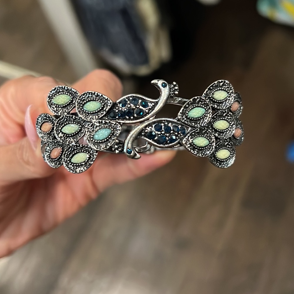 Antiqued silver peacock bangle